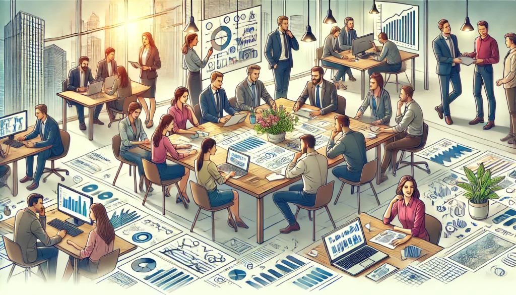 Empleados trabajando en equipo con entusiasmo en la oficina.
